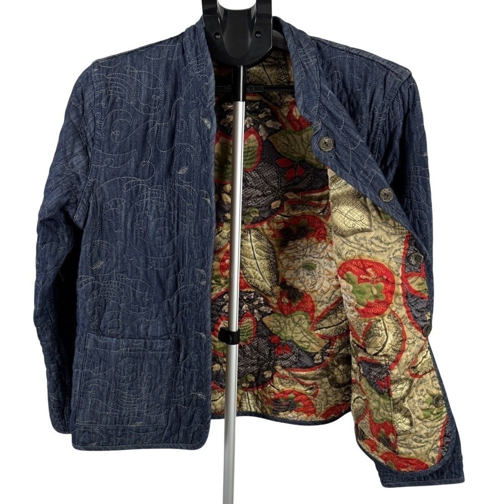 Chicos Reversible Quilted Jacket Asian Floral Print Denim Embroidered Boho VTG M